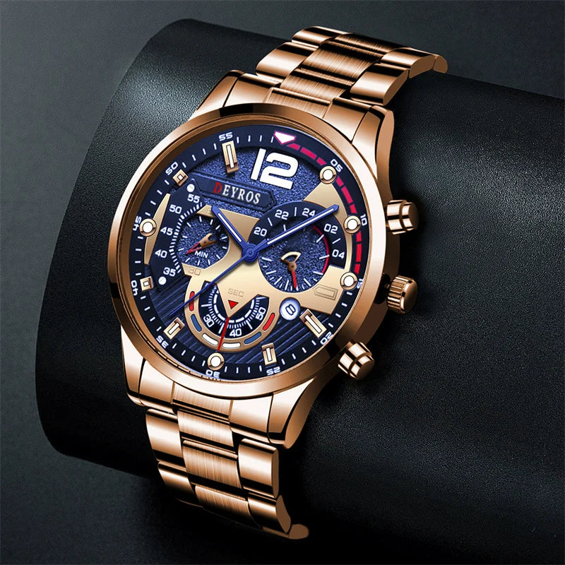 Relógio de luxo de quartzo de aço inoxidável masculino com pulseira Dourada, acompanha pulseira