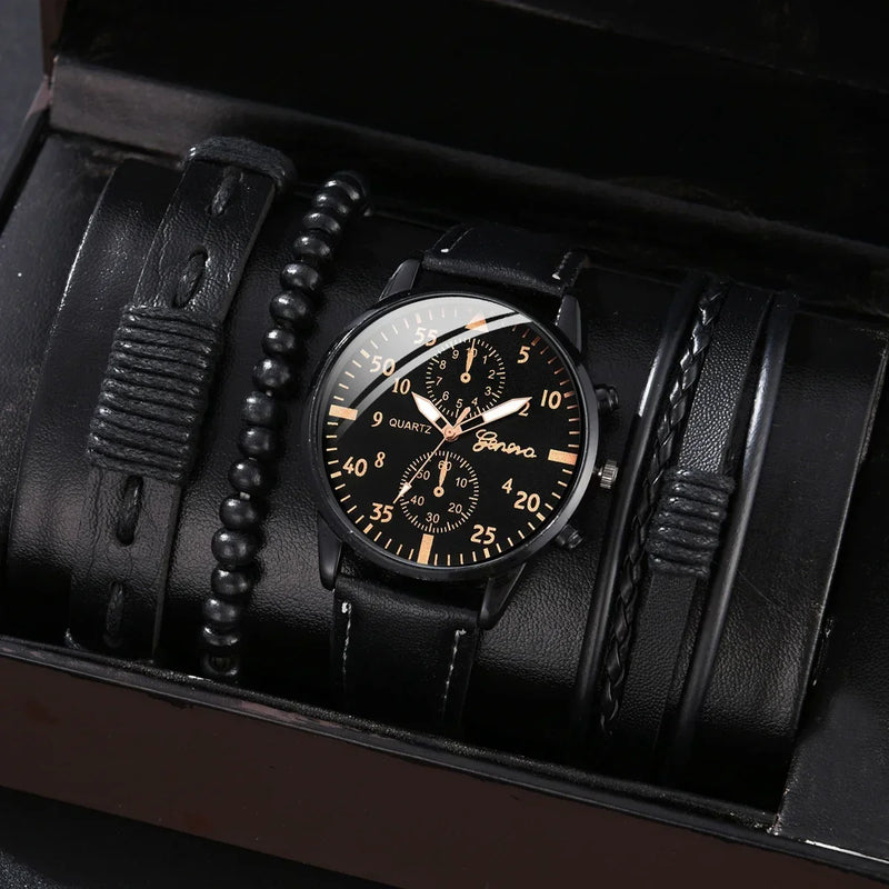 Conjunto de relógios esportivos masculinos, relógio de pulso de quartzo de negócios, pulseira de couro marrom de luxo, relógio casual