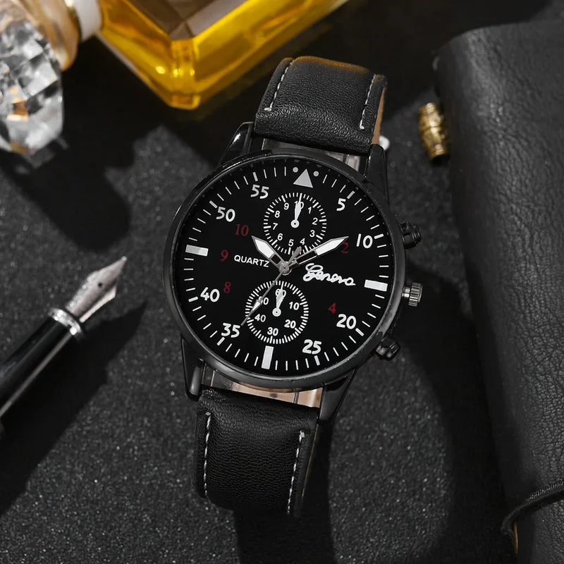 Conjunto de relógios esportivos masculinos, relógio de pulso de quartzo de negócios, pulseira de couro marrom de luxo, relógio casual